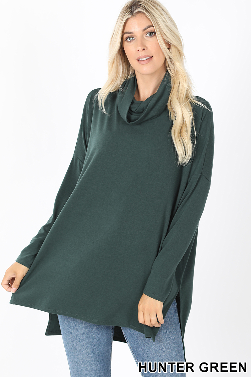 Front of Hunter Cowl Neck Hi-Low Long Sleeve Plus Size Top