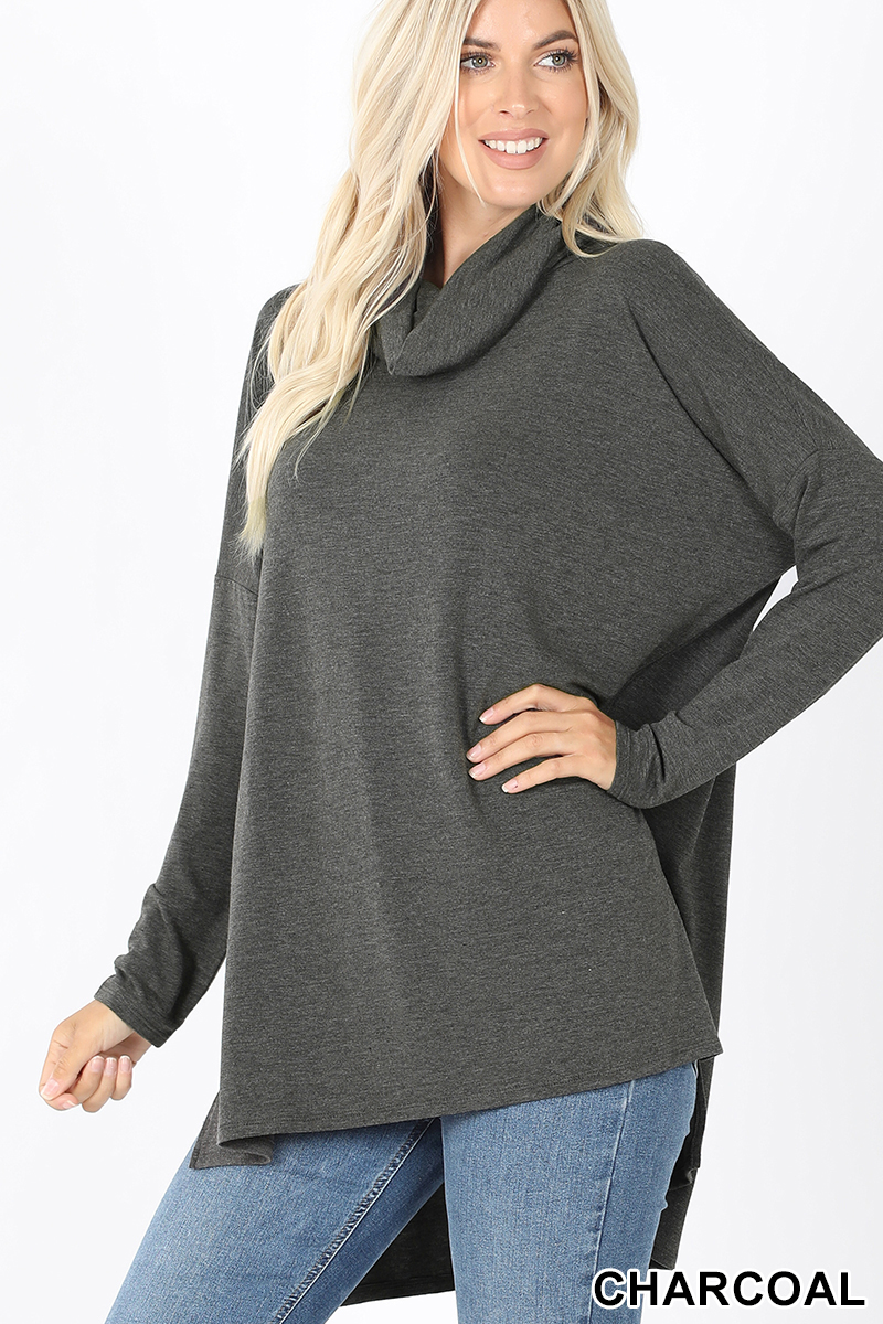Front image of Charcoal Cowl Neck Hi-Low Long Sleeve Plus Size Top