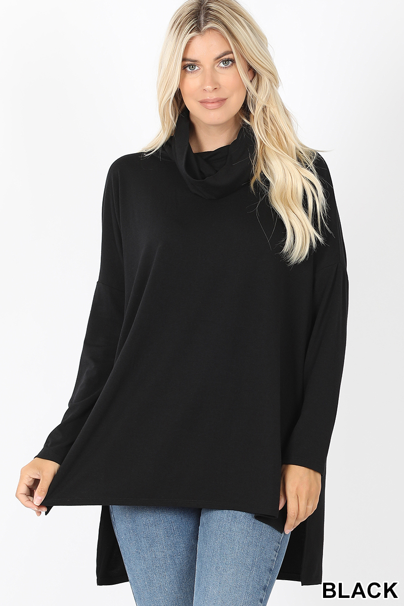 Front image of Black Cowl Neck Hi-Low Long Sleeve Plus Size Top
