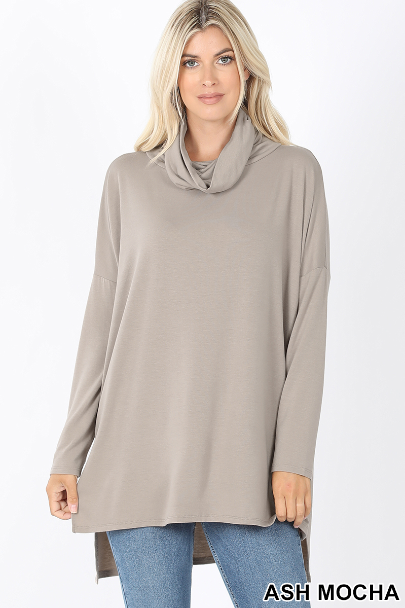Front image of Ash Mocha Cowl Neck Hi-Low Long Sleeve Plus Size Top