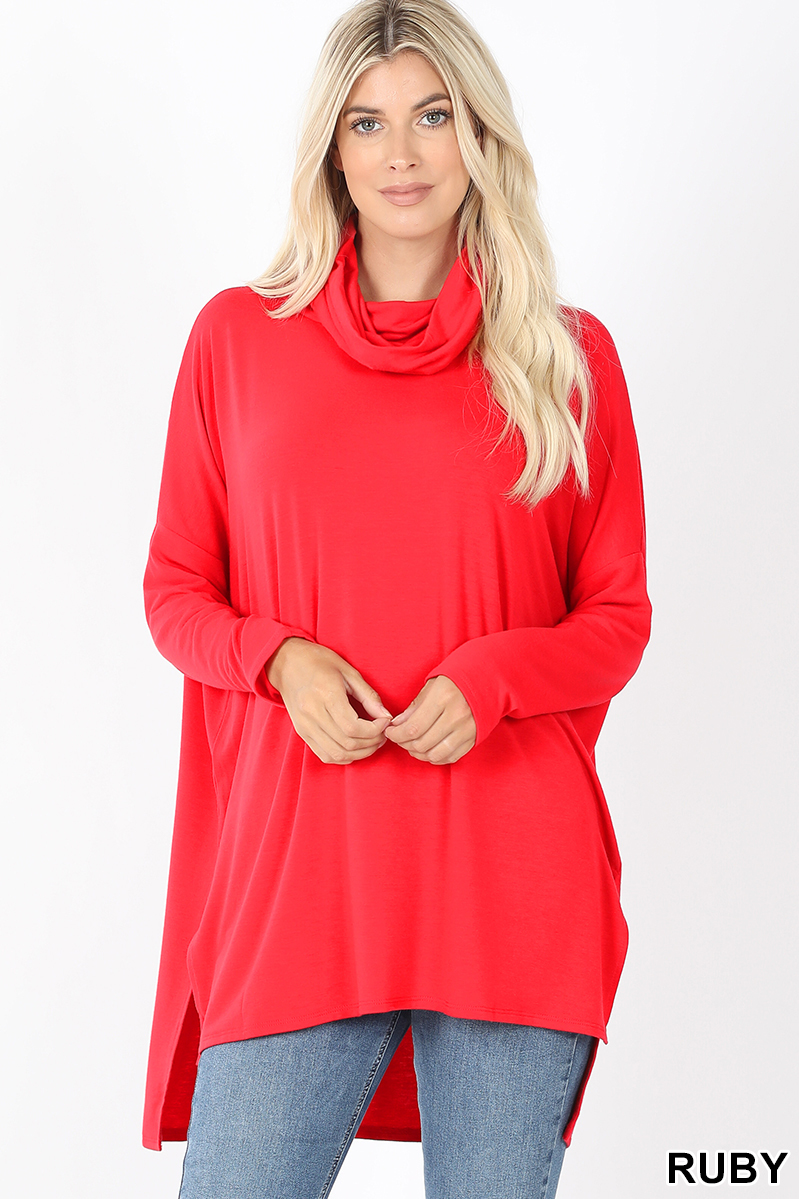 Front image of Ruby Cowl Neck Hi-Low Long Sleeve Plus Size Top