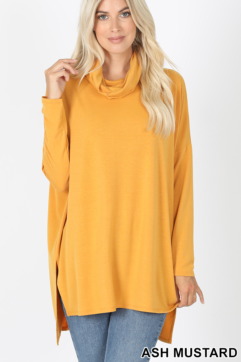 Front image of Ash Mustard Cowl Neck Hi-Low Long Sleeve Plus Size Top