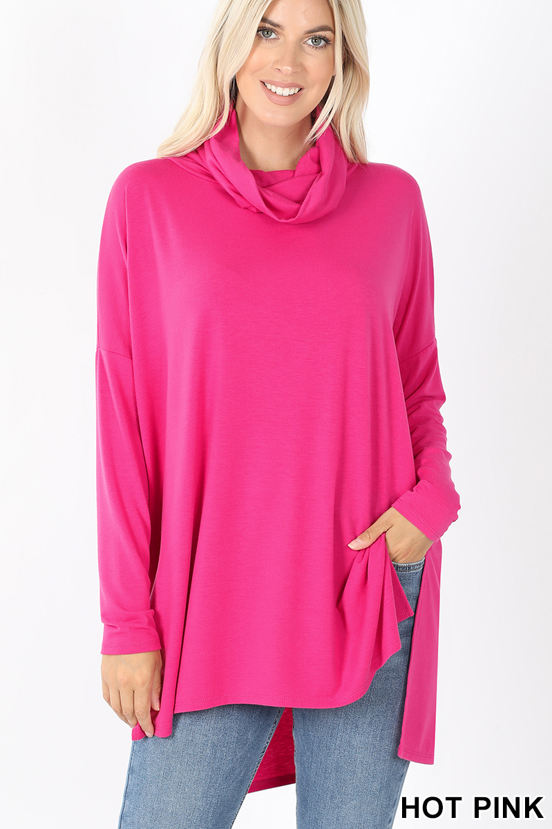 Front image of Hot Pink Cowl Neck Hi-Low Long Sleeve Plus Size Top