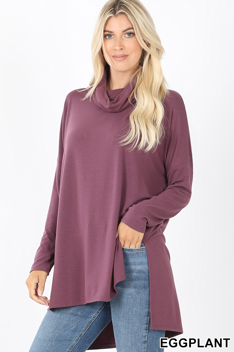 Front image of Eggplant Cowl Neck Hi-Low Long Sleeve Plus Size Top