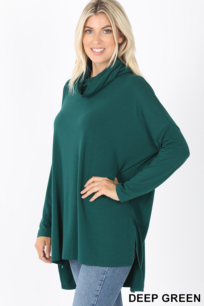 45 Degree Front image of Deep Green Cowl Neck Hi-Low Long Sleeve Plus Size Top