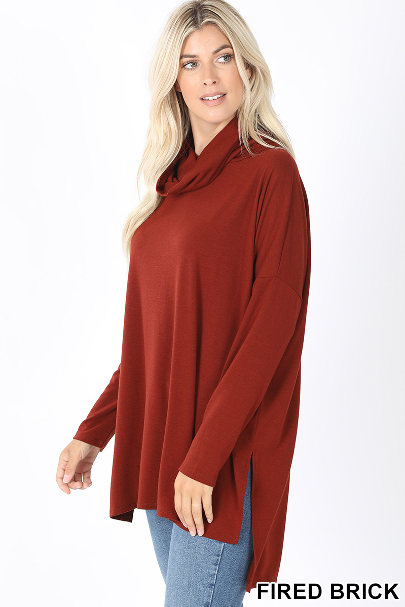 Left side image of Fired Brick Cowl Neck Hi-Low Long Sleeve Plus Size Top