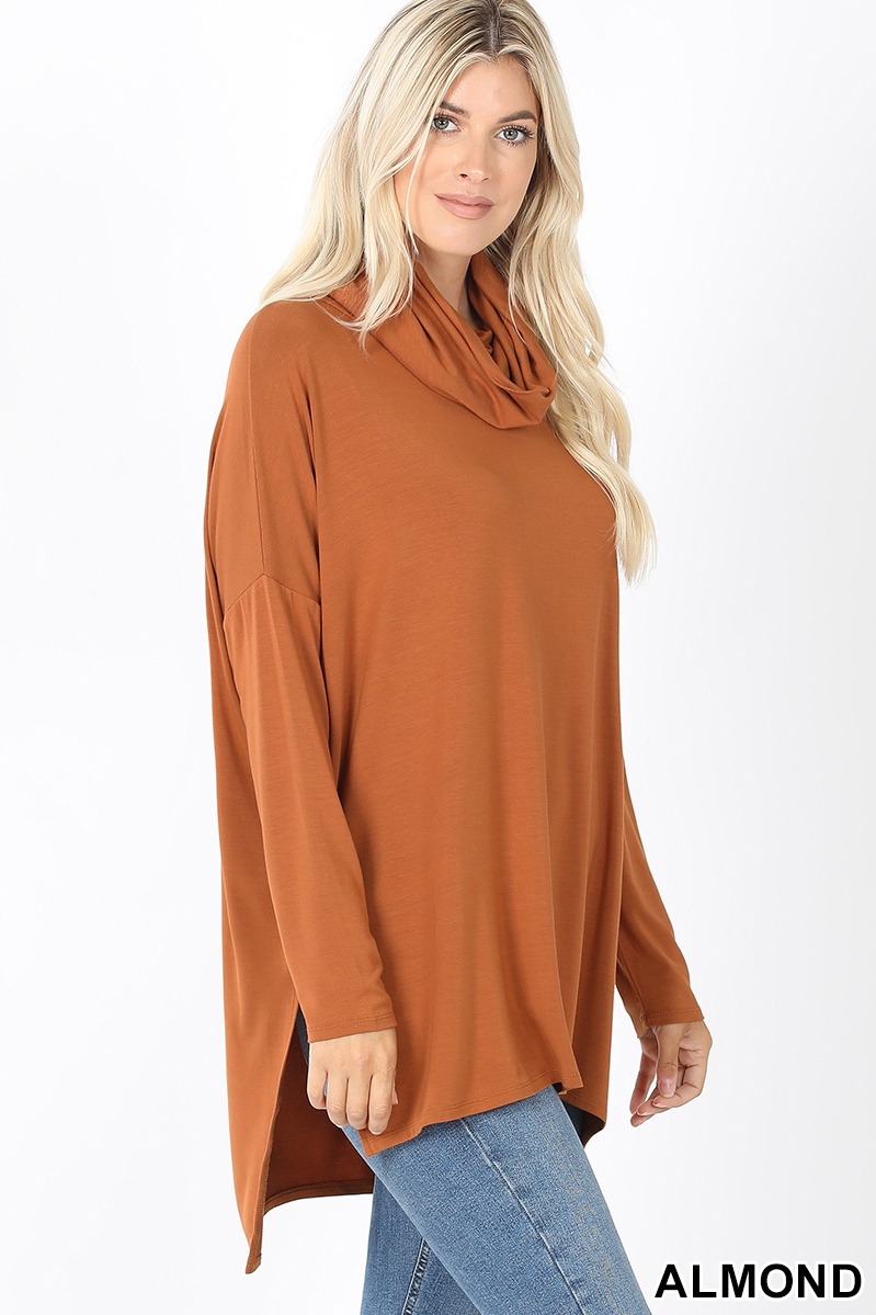 Right side image of Almond Cowl Neck Hi-Low Long Sleeve Plus Size Top