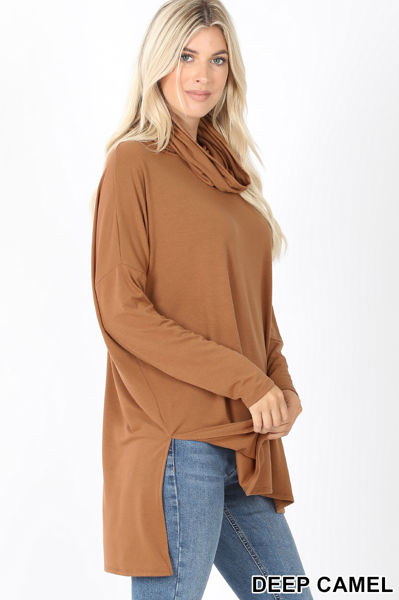 Right side image of Deep Camel Cowl Neck Hi-Low Long Sleeve Plus Size Top