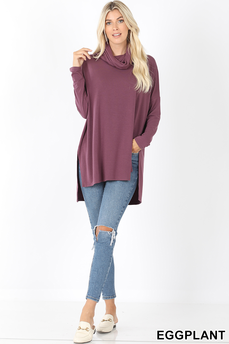Full body front image of Eggplant Cowl Neck Hi-Low Long Sleeve Plus Size Top
