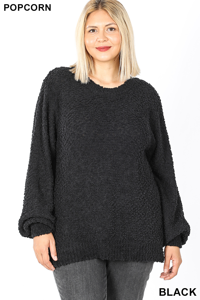 Front image of Black Popcorn Balloon Sleeve Round Neck Plus Size Pullover Sweater