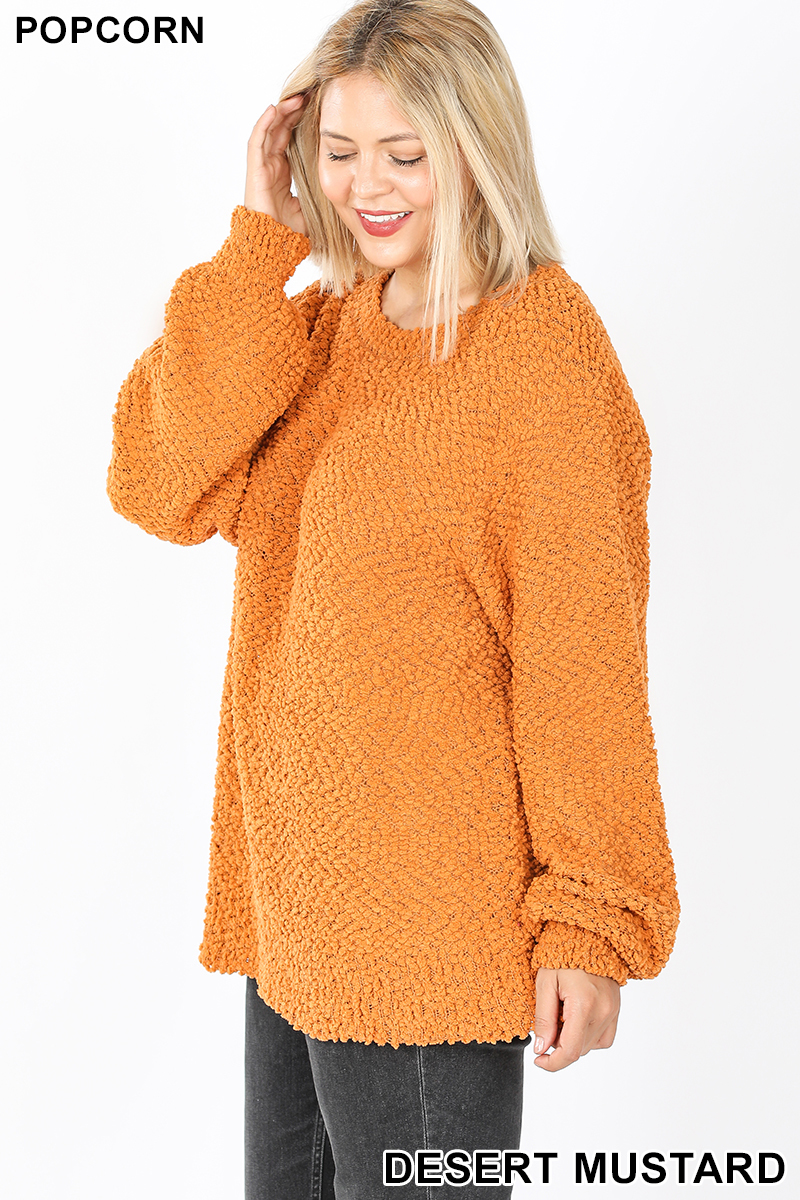 Left side image of Desert Mustard Popcorn Balloon Sleeve Round Neck Plus Size Pullover Sweater