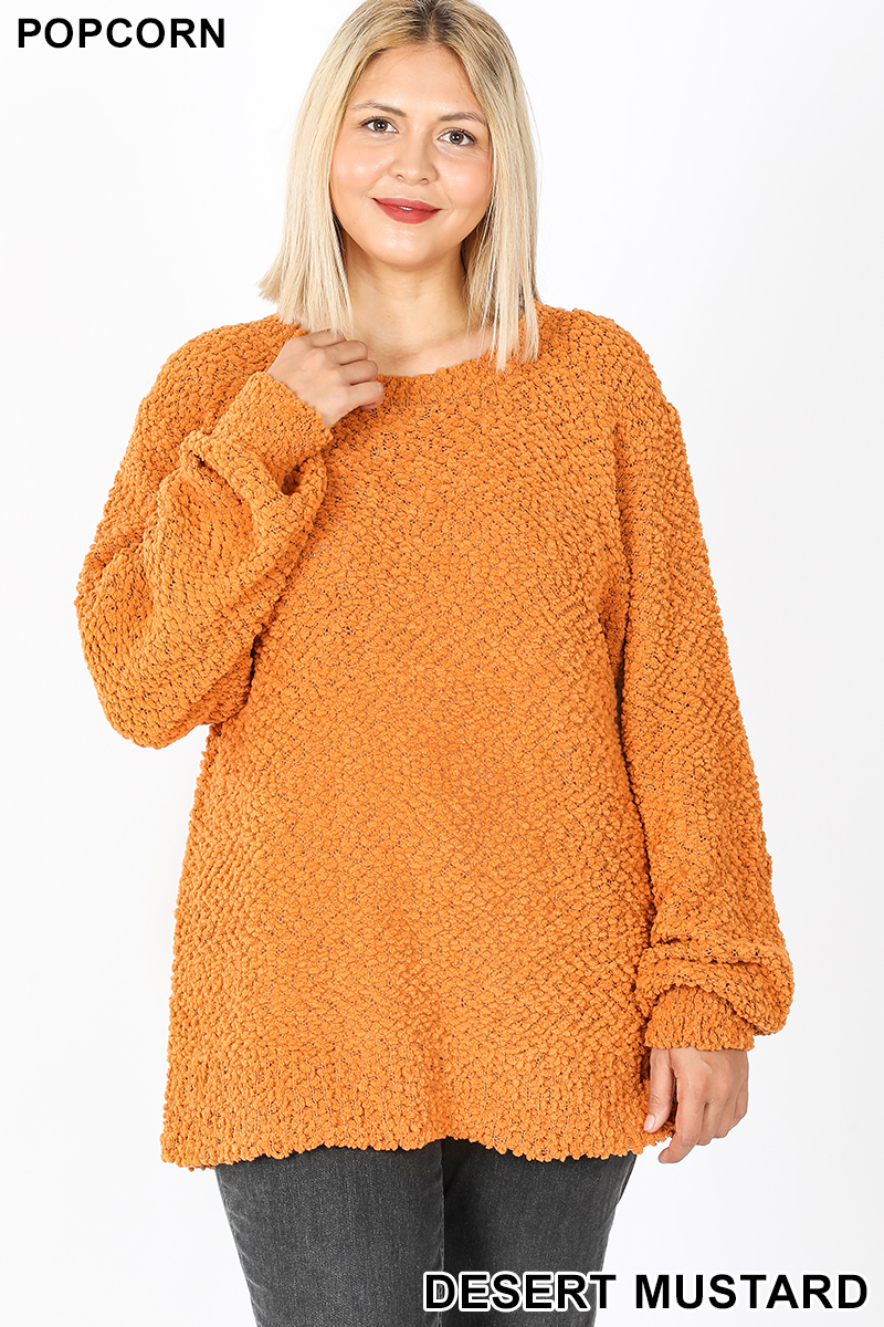 Front image of Desert Mustard Popcorn Balloon Sleeve Round Neck Plus Size Pullover Sweater