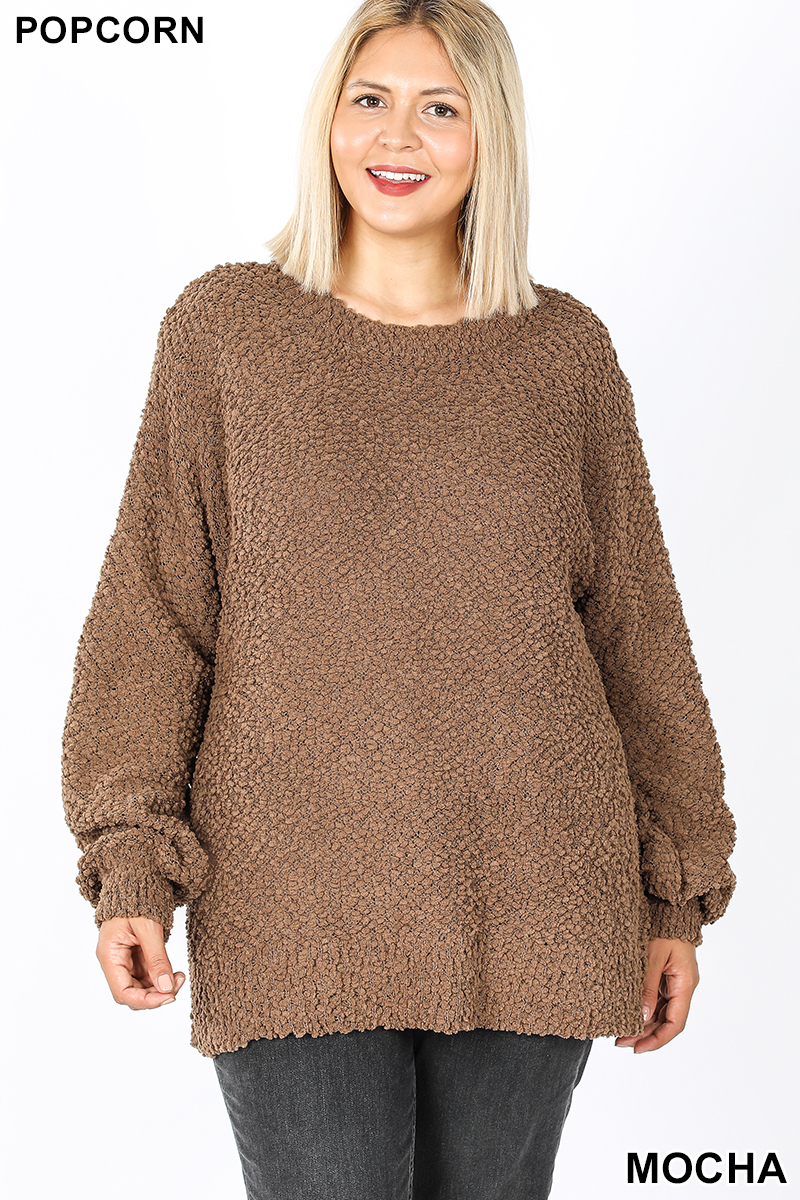 Front image of Mocha Popcorn Balloon Sleeve Round Neck Plus Size Pullover Sweater