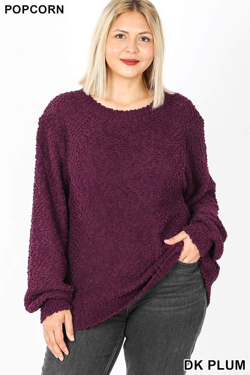 Front image of Dark Plum Popcorn Balloon Sleeve Round Neck Plus Size Pullover Sweater