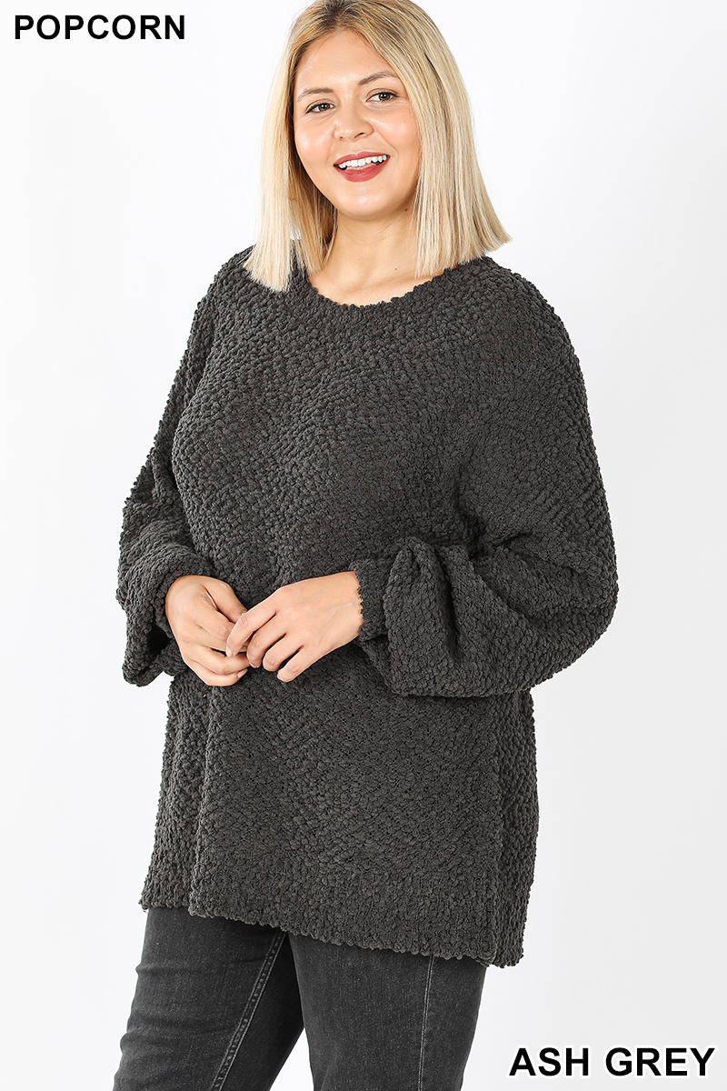 45 degree image of Ash Grey Popcorn Balloon Sleeve Round Neck Plus Size Pullover Sweater