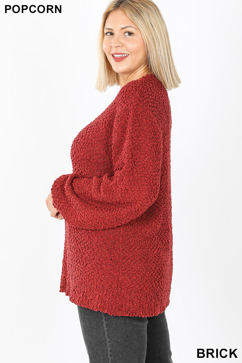 Left side image of Brick Popcorn Balloon Sleeve Round Neck Plus Size Pullover Sweater