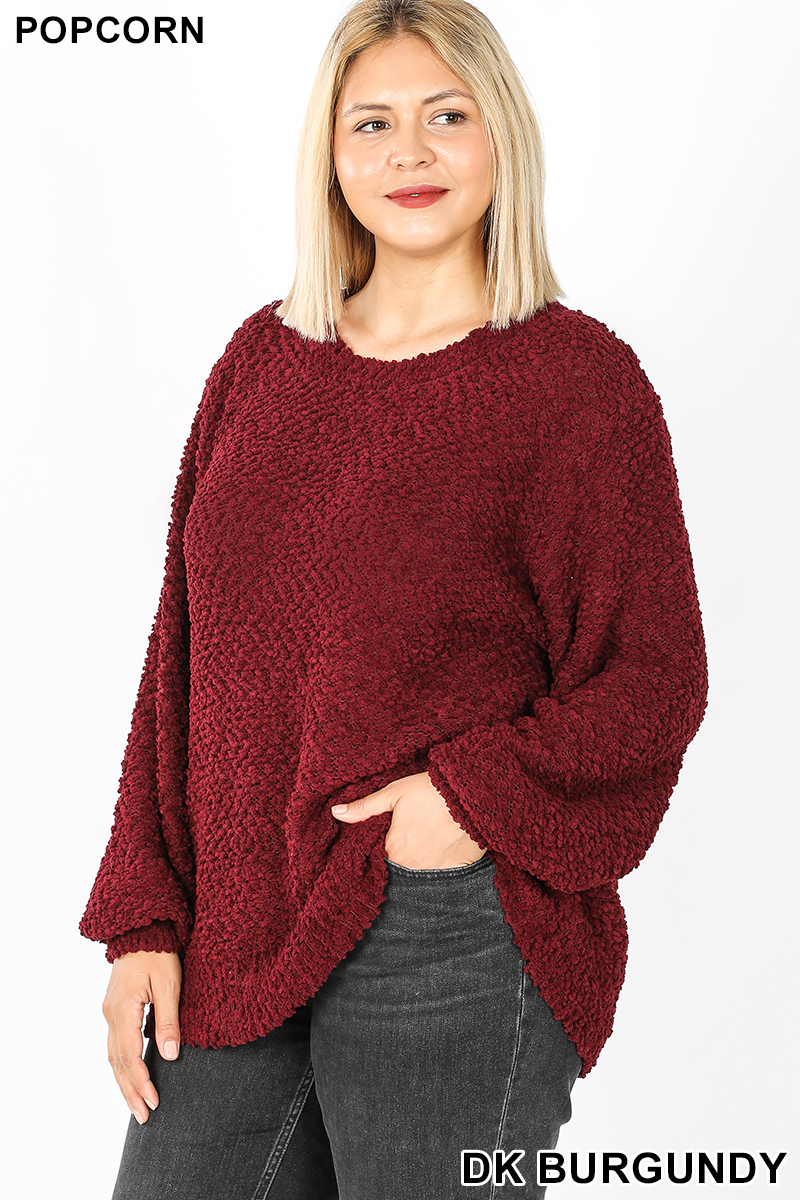 45 degree  image of Dark Burgundy Popcorn Balloon Sleeve Round Neck Plus Size Pullover Sweater
