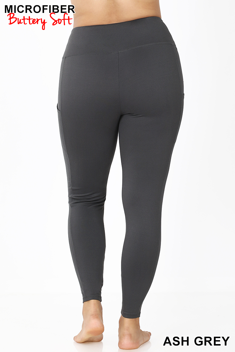 Brushed Microfiber High Waisted Plus Size Sport Leggings with Side Pockets