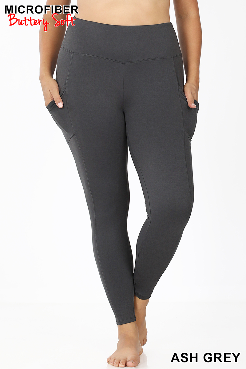 Brushed Microfiber High Waisted Plus Size Sport Leggings with Side Pockets