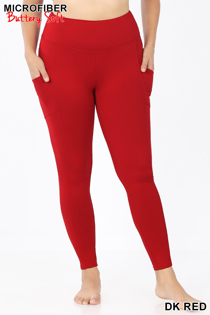 Brushed Microfiber High Waisted Plus Size Sport Leggings with Side Pockets