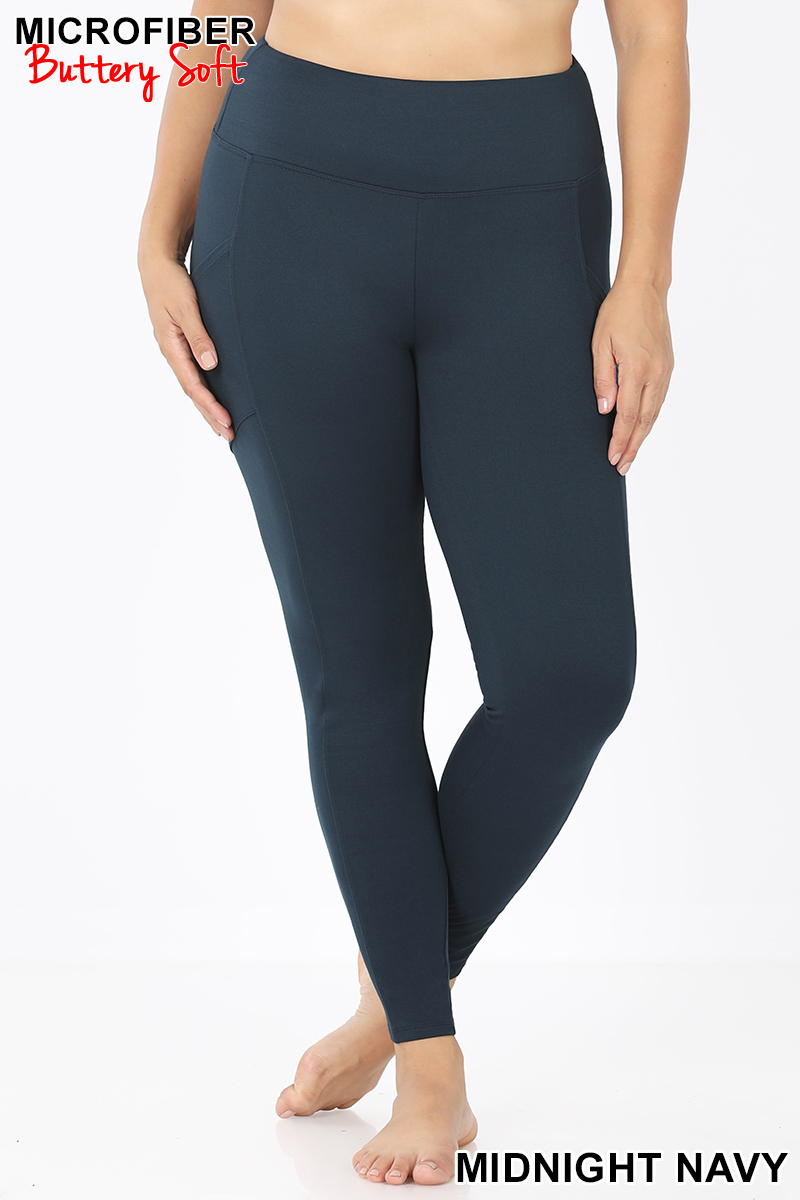 Brushed Microfiber High Waisted Plus Size Sport Leggings with Side Pockets
