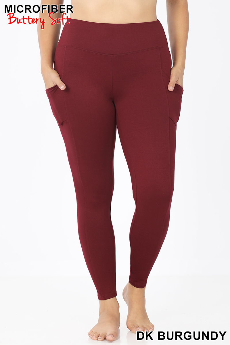 Brushed Microfiber High Waisted Plus Size Sport Leggings with Side Pockets