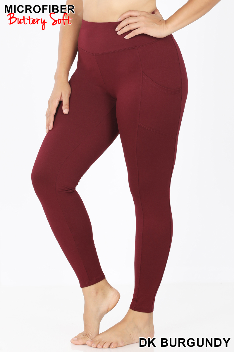 Brushed Microfiber High Waisted Plus Size Sport Leggings with Side Pockets