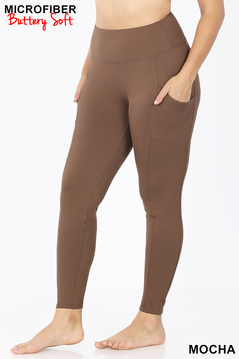 Brushed Microfiber High Waisted Plus Size Sport Leggings with Side Pockets