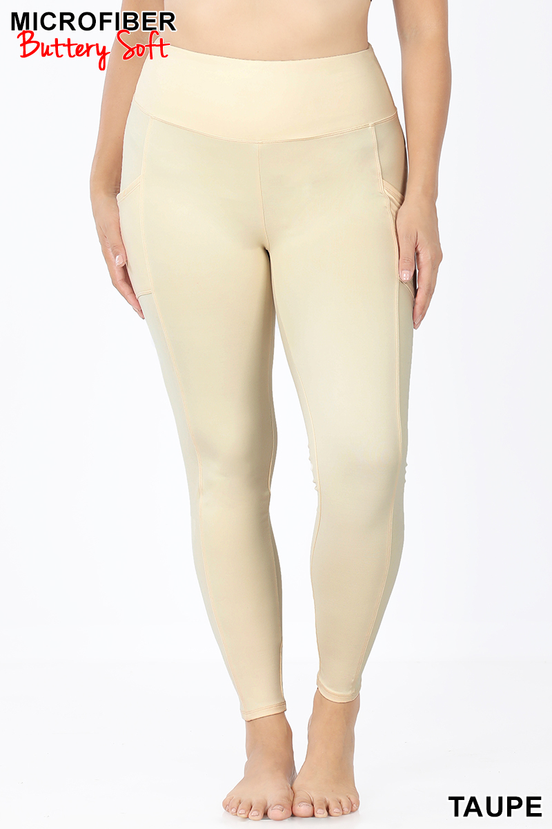 Brushed Microfiber High Waisted Plus Size Sport Leggings with Side Pockets