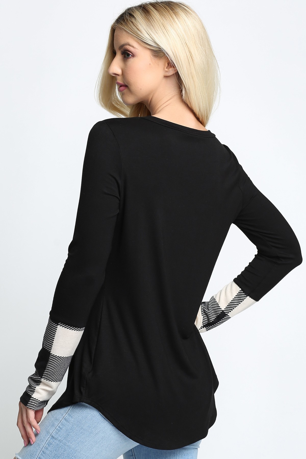 Ivory Plaid Cuff Solid Contrast V Neck Long Sleeve Top