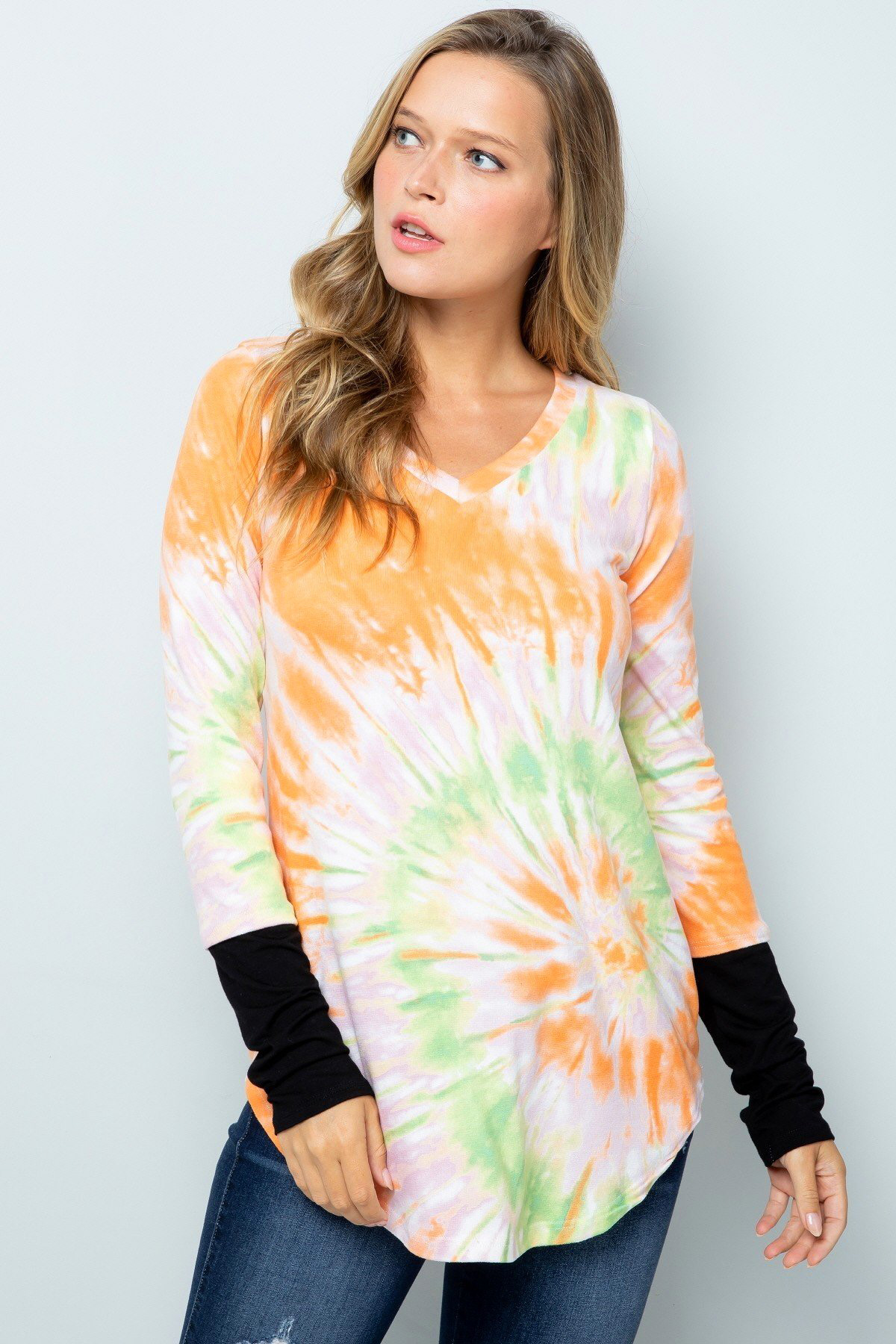 Orange Tie Dye Contrast Cuff Long Sleeve V Neck Top