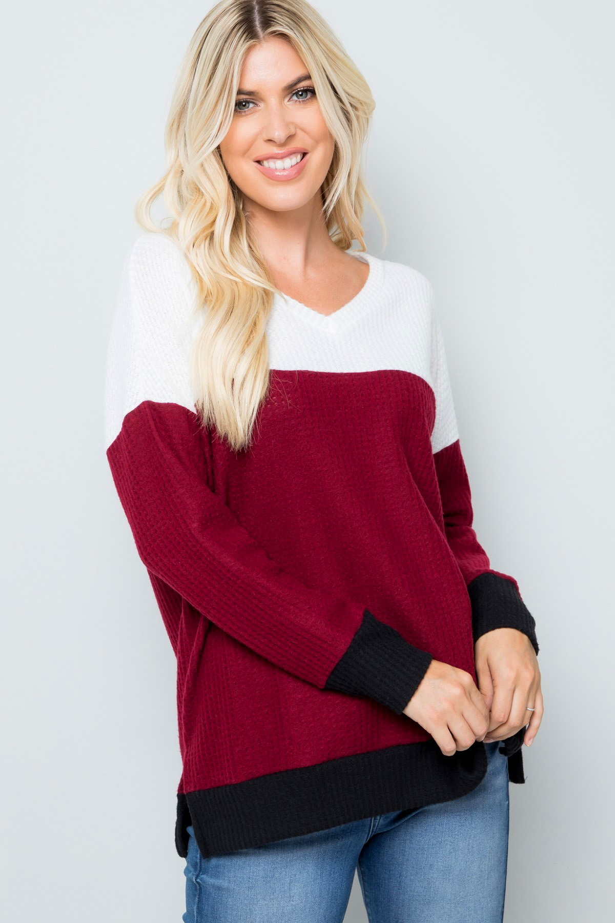 Burgundy Waffle Knit Color Blocked Long Sleeve V Neck Top