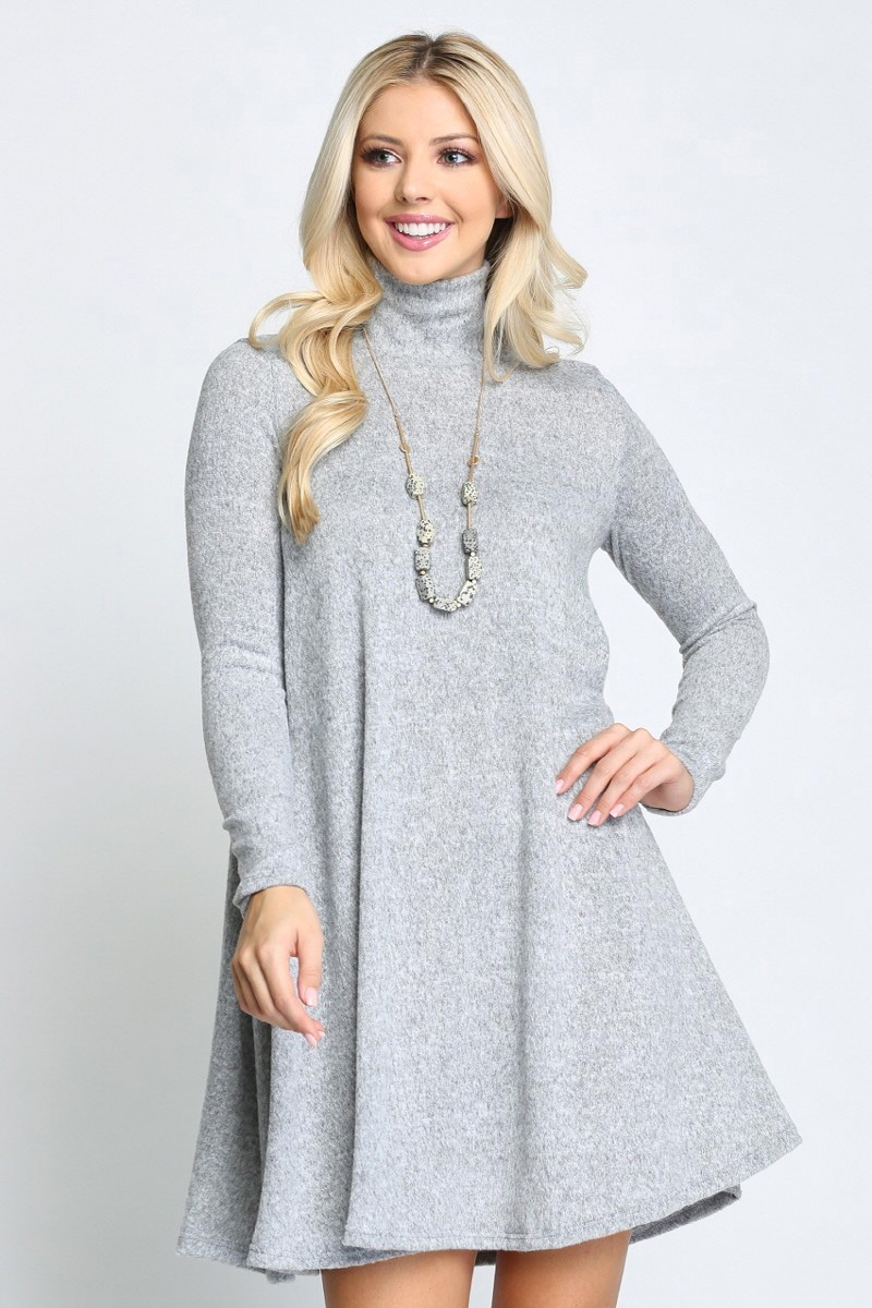 Heather Grey Long Sleeve Hacci Knit Mock Neck Plus Size Swing Dress
