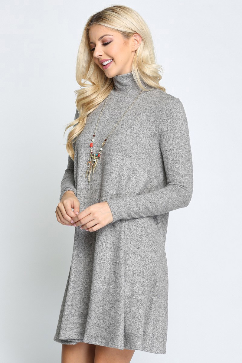Heather Grey Long Sleeve Hacci Knit Mock Neck Plus Size Swing Dress