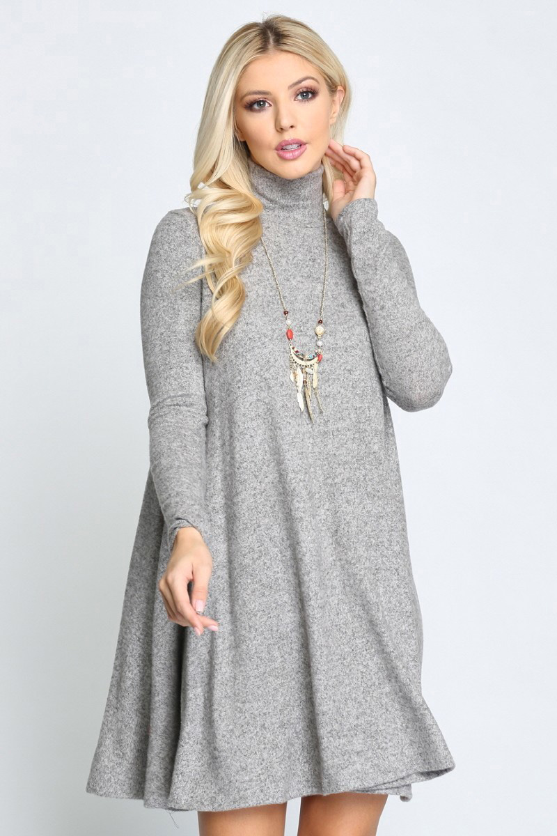 Heather Grey Long Sleeve Hacci Knit Mock Neck Plus Size Swing Dress