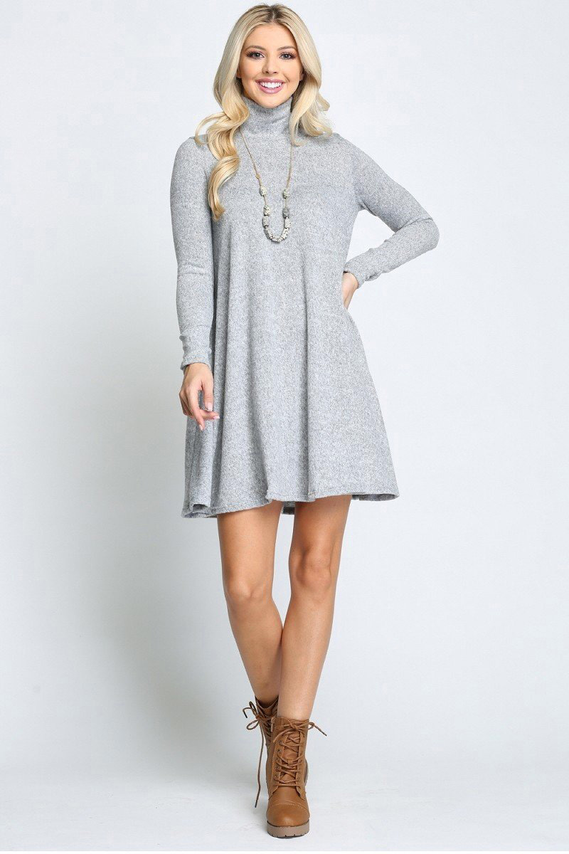 Heather Grey Long Sleeve Hacci Knit Mock Neck Plus Size Swing Dress