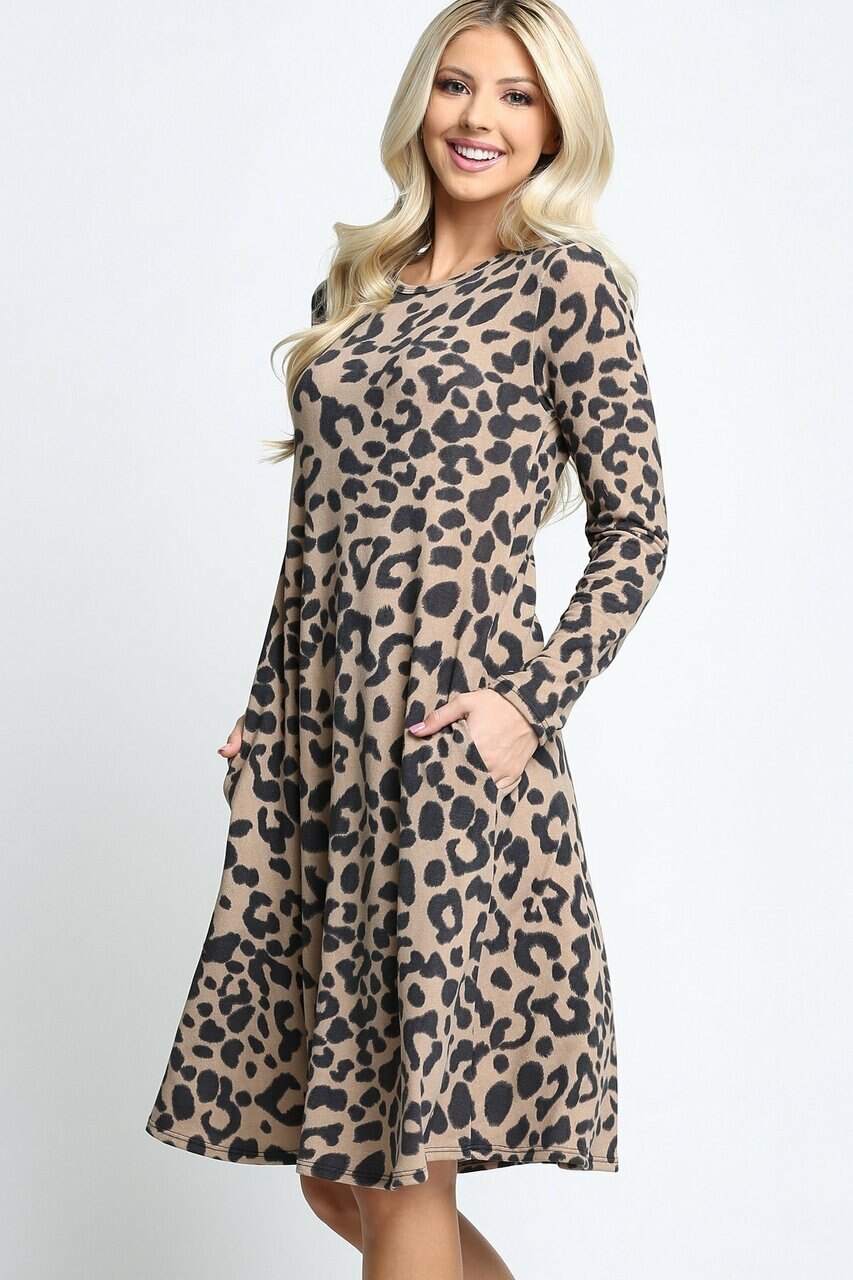 Taupe Wholesale -Leopard  Long Sleeve Midi Dress