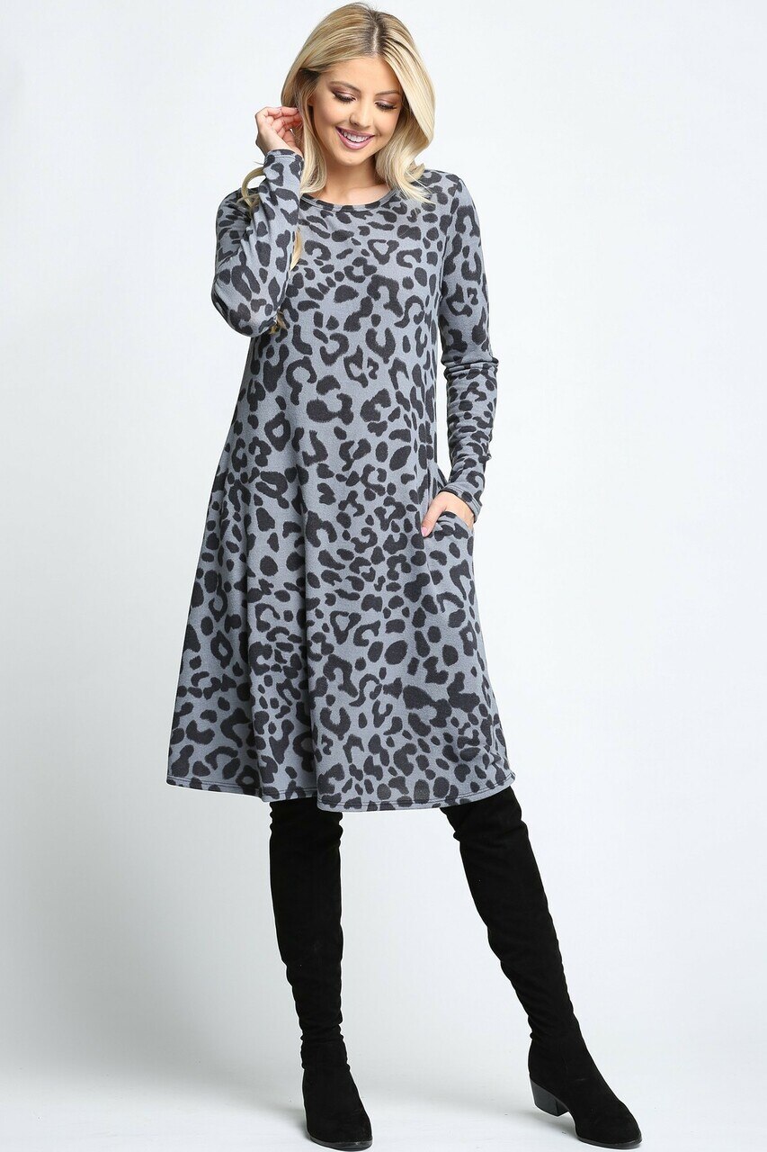 Gray  Wholesale -Leopard  Long Sleeve Midi Dress