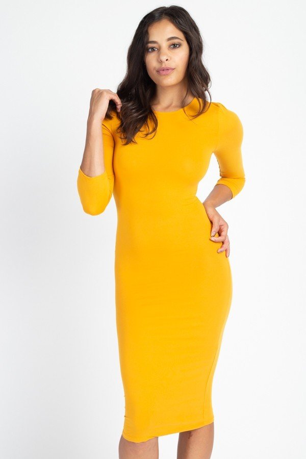 3/4 Sleeve Round Neck Stretch Knit Midi Dress