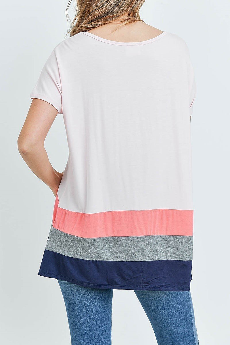 Striped Color Block Hem Short Sleeve Tunic