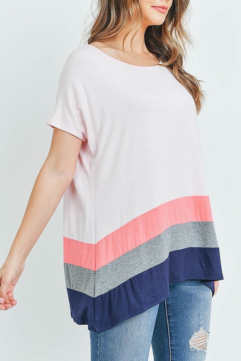 Striped Color Block Hem Short Sleeve Tunic