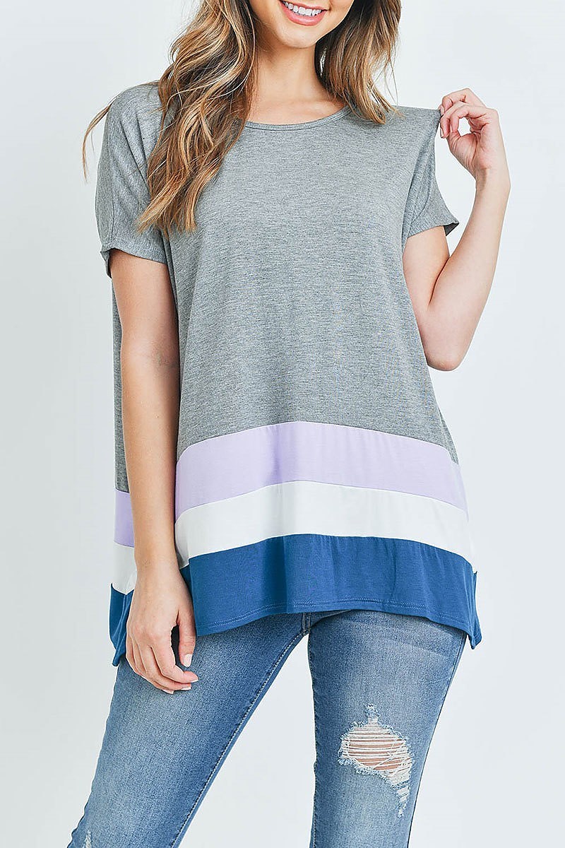 Striped Color Block Hem Short Sleeve Tunic