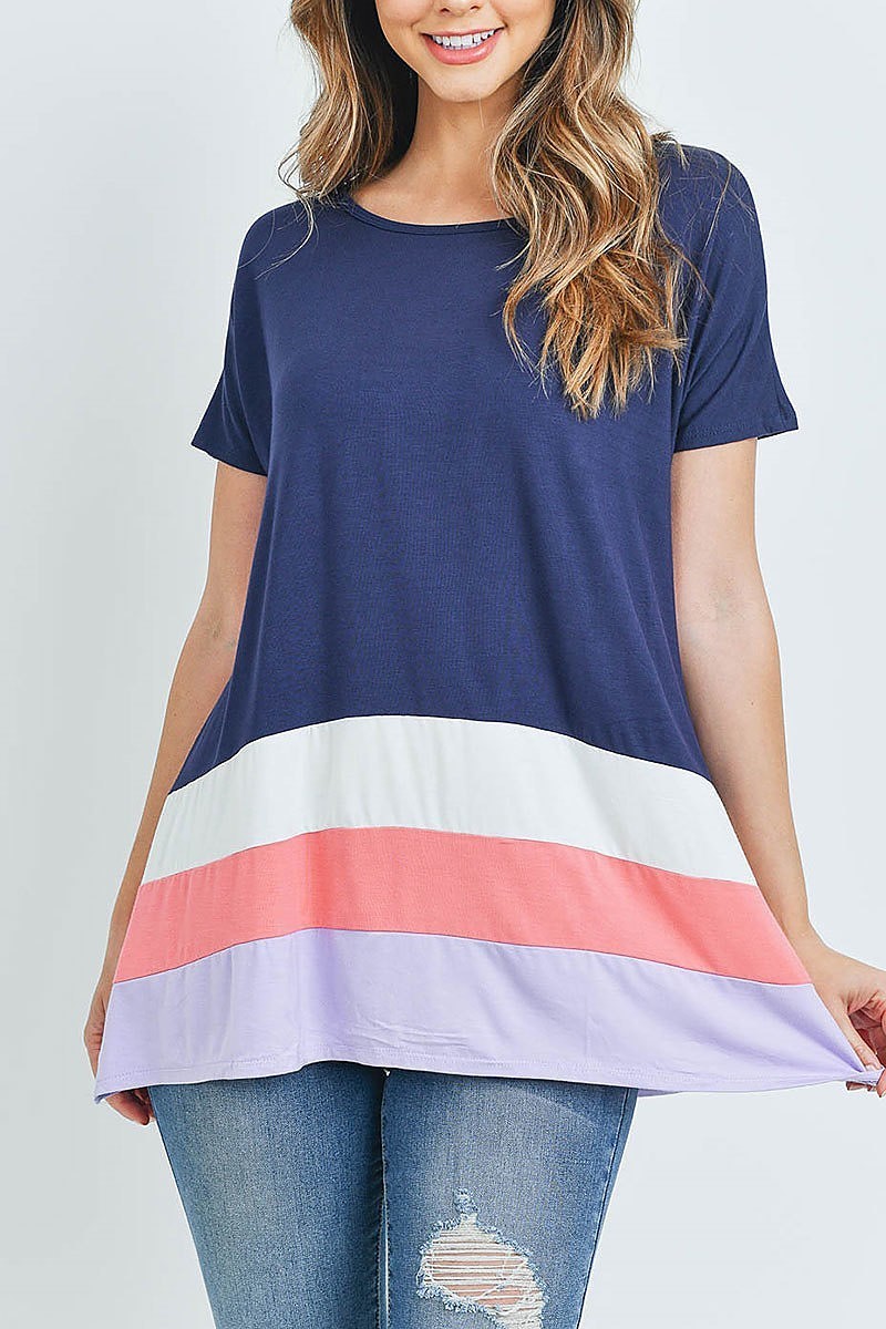 Striped Color Block Hem Short Sleeve Tunic
