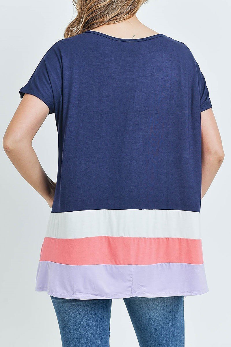 Striped Color Block Hem Short Sleeve Tunic