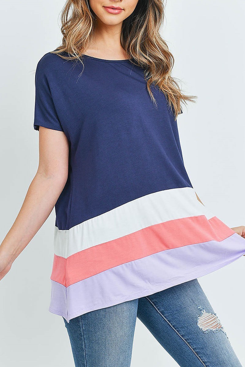 Striped Color Block Hem Short Sleeve Tunic