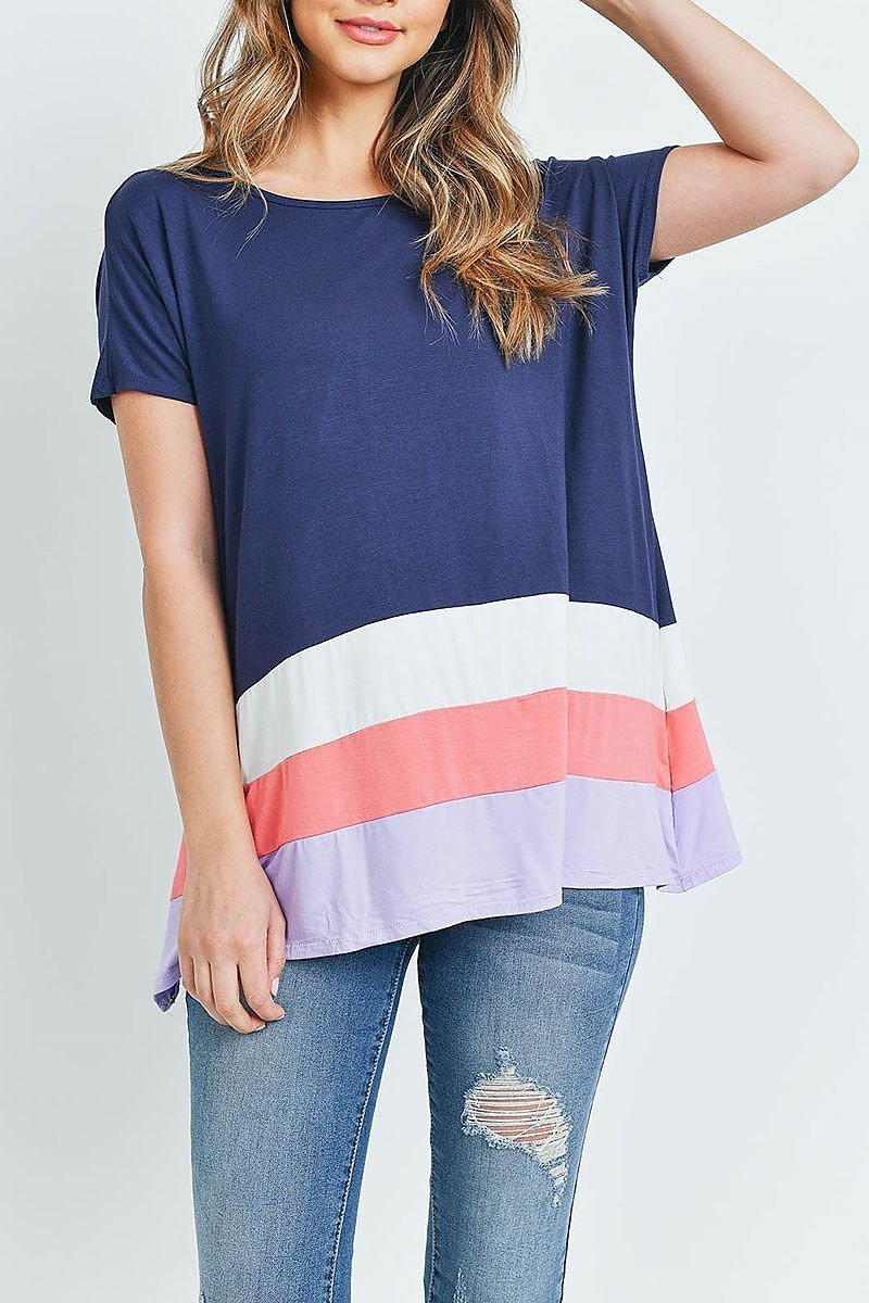 Striped Color Block Hem Short Sleeve Tunic