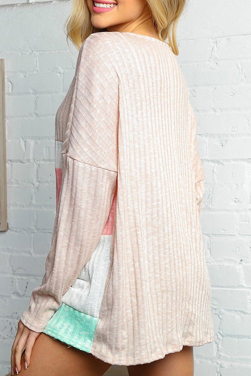 Taupe and Peach Color Block Ribbed Long Sleeve V Neck Top