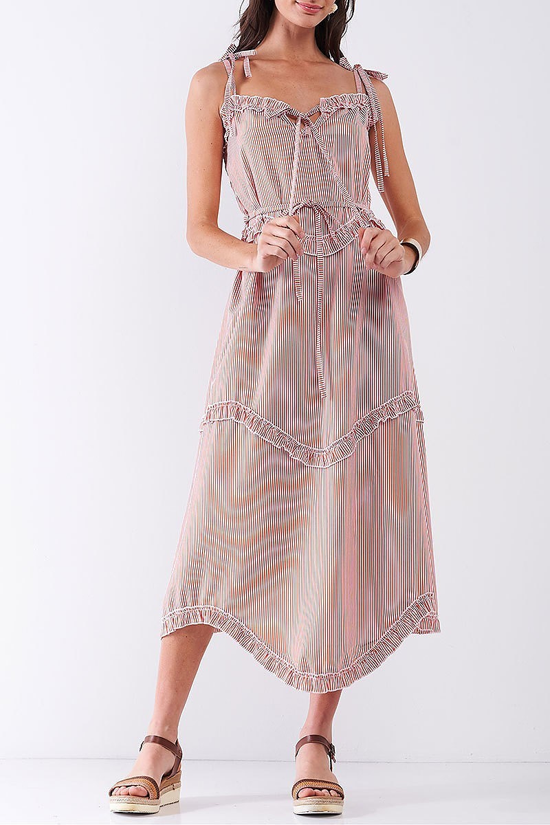 Orange Ruffle Accent Striped Tie String Wavy Hem Rayon Midi Dress