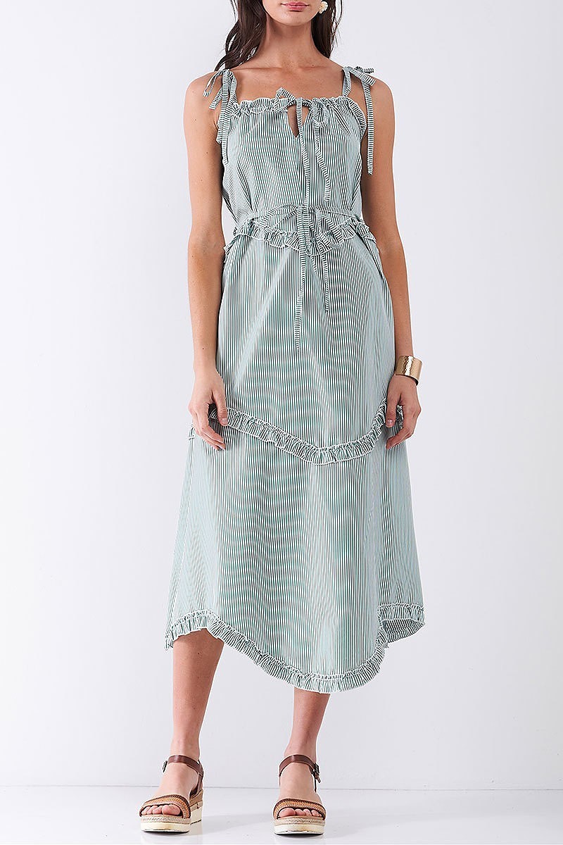 Green Ruffle Accent Striped Tie String Wavy Hem Midi Dress
