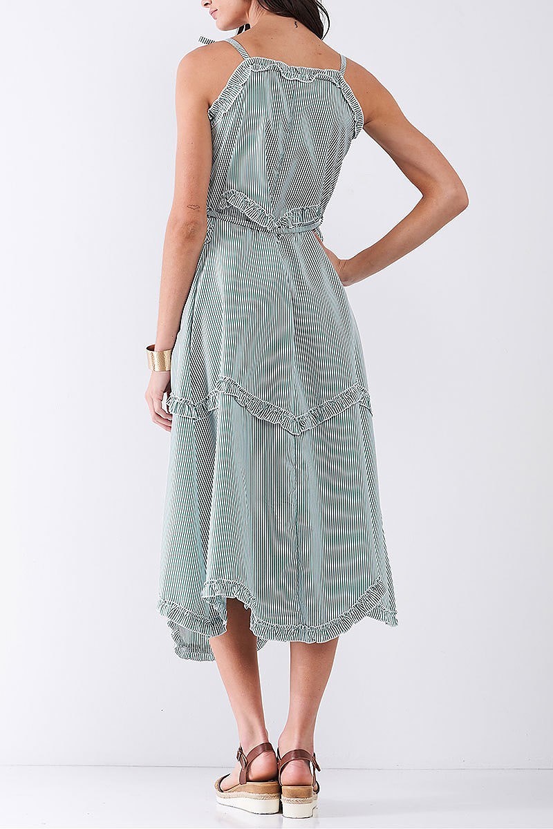 Green Ruffle Accent Striped Tie String Wavy Hem Rayon Midi Dress
